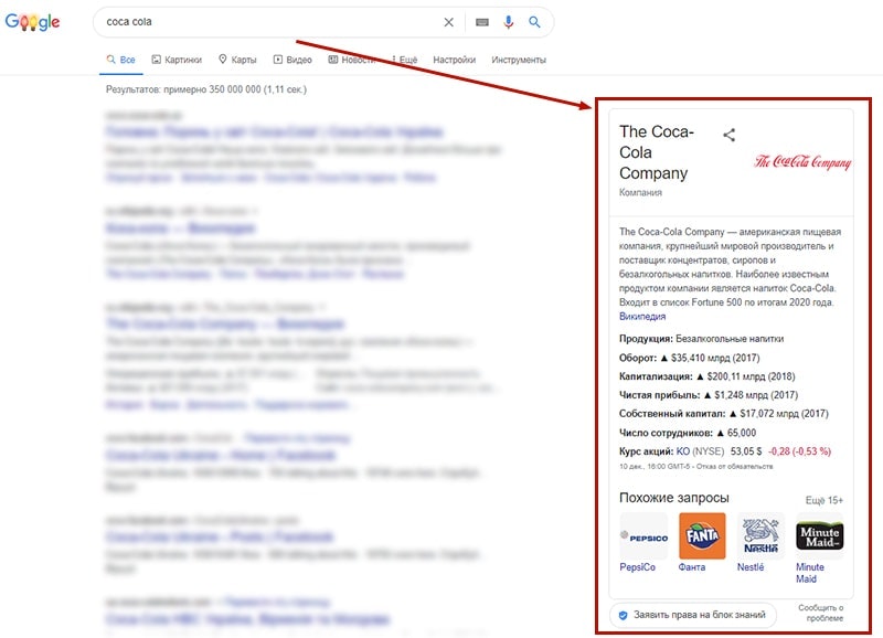 Как выглядит блок знаний в выдаче