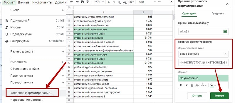 Выделение повторяющихся ключевых слов в Google таблицах